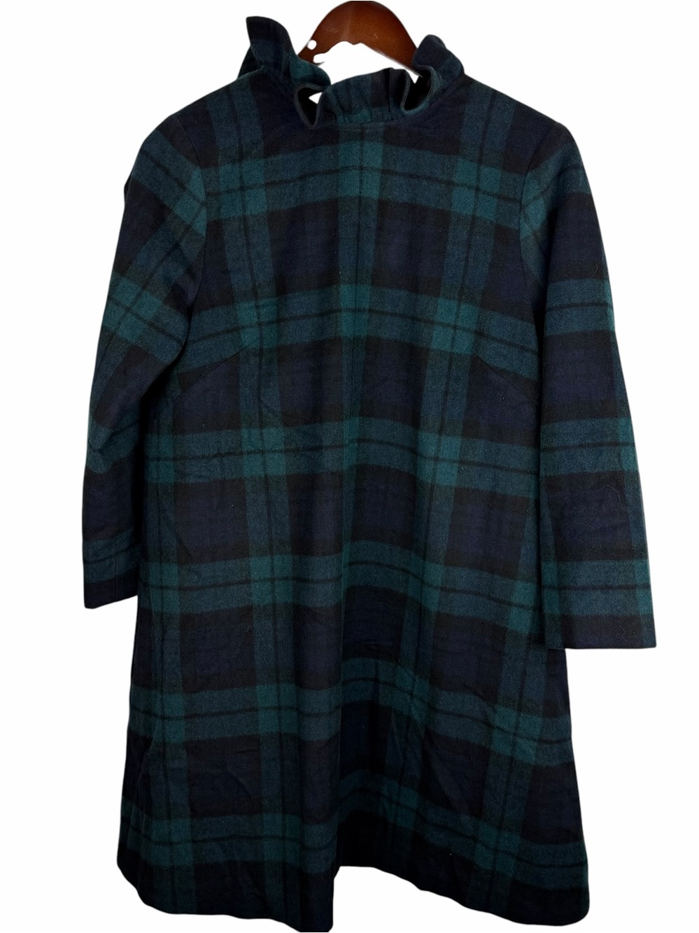 Tuckenuck | Daphne Black Green Plaid Wool Ruffle Collar Shift Dress